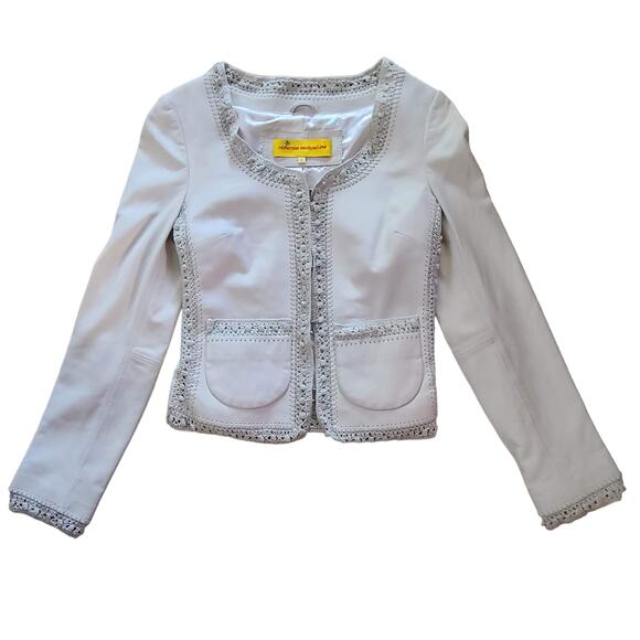 CATHERINE MALANDRINO Ivory Leather Jacket with Crochet Insets Women's Size P - Picture 1 of 14